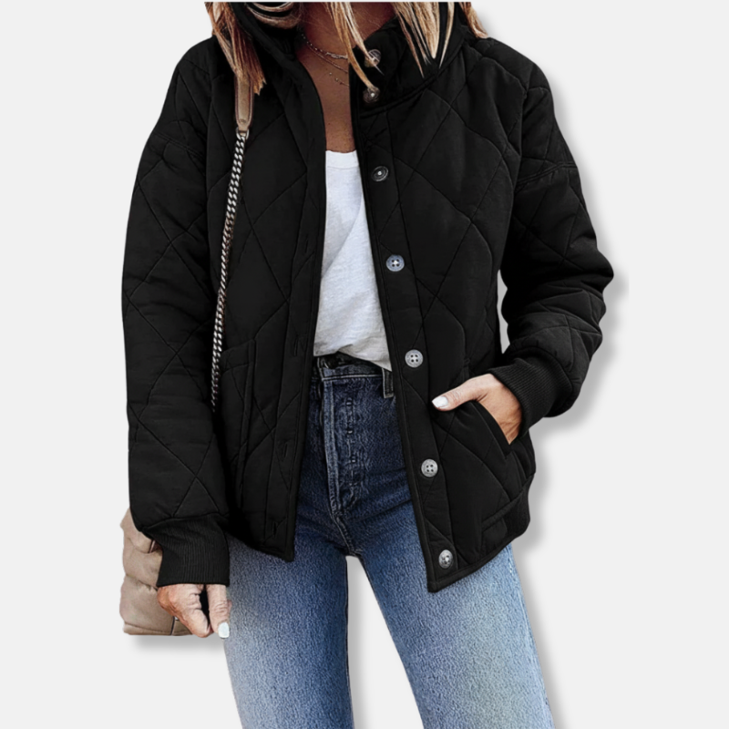 Women's Quilted Jacket – Relaxed Fit – Diamond Stitching – Stand-up Collar – Buttons