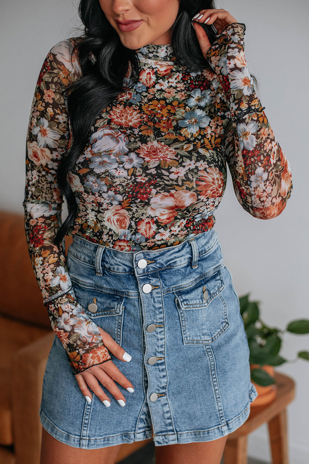 Chique bloemen mesh top in bruin met lange mouwen voor dames