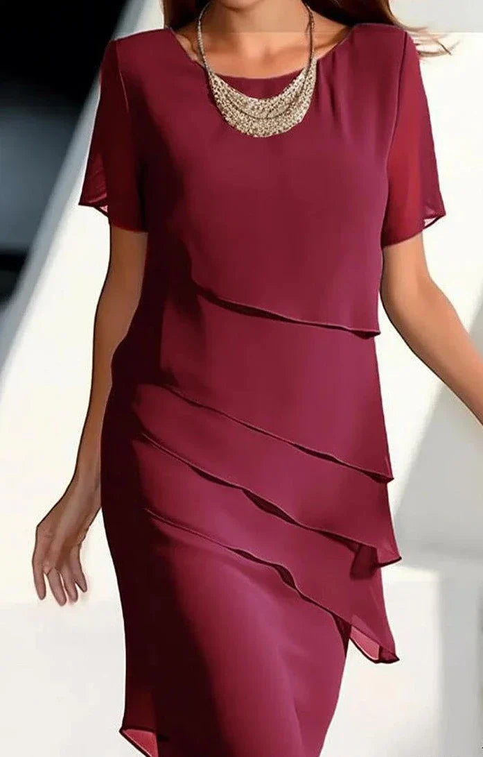 Elegante Korte Mouwen Midi Jurk met Ronde Hals