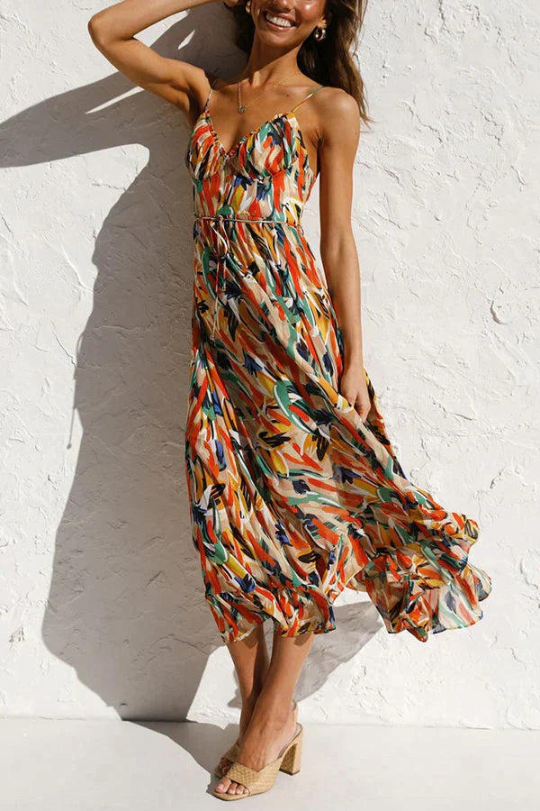 Dames Midi Jurk – Luchtig Chiffon – Losvallend Model – V-Hals met Print