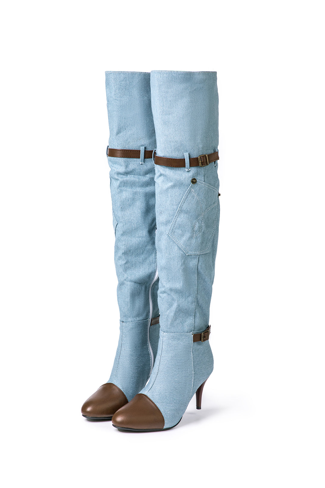 Denim Patchwork Hoge Hak Over De Knie Laarzen