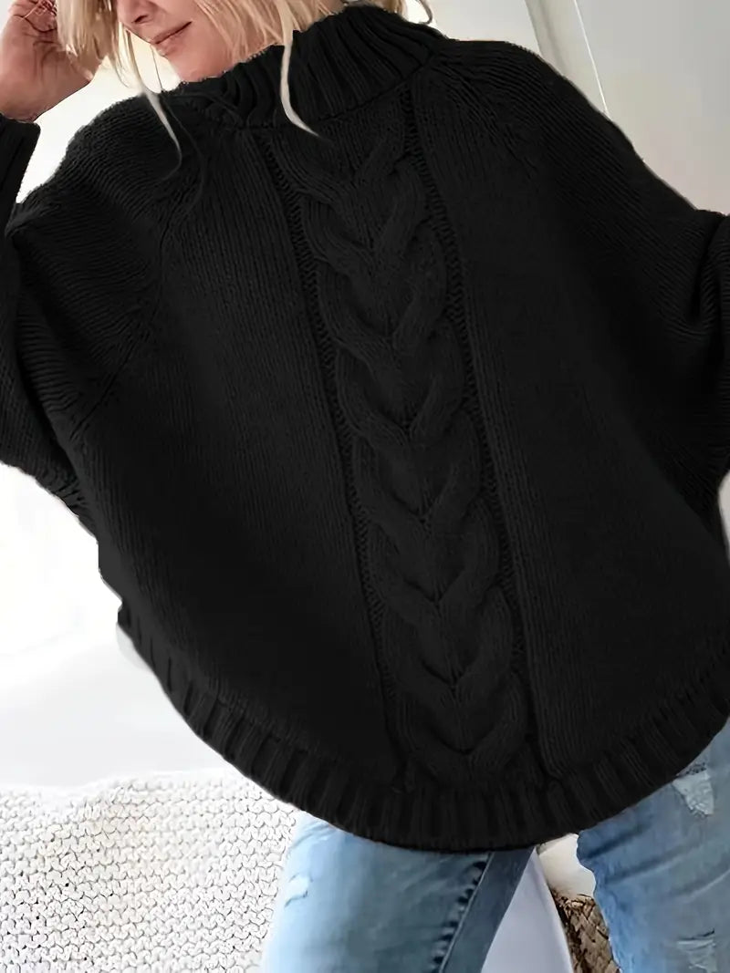 Dames Pullover Trui – Oversized Pasvorm – Wol – Turtleneck – Kabelgebreid – Geribde Boorden
