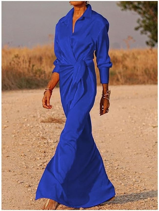 Elegante Dames Zijde Satijn Wikkel Jurk – Lange Mouwen, V-Hals, Maxi Lengte
