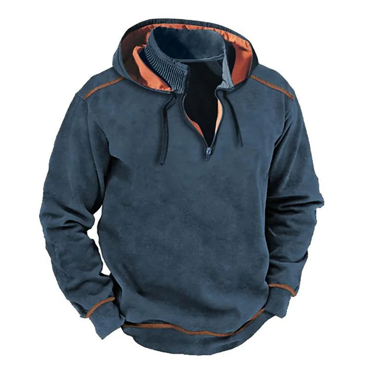Heren Hooded Sweatshirt – Relaxte Pasvorm – Halve Ritssluiting – Ribkraag – Contrasterende Details