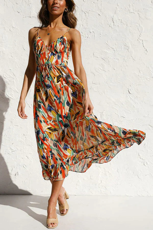 Dames Midi Jurk – Luchtig Chiffon – Losvallend Model – V-Hals met Print