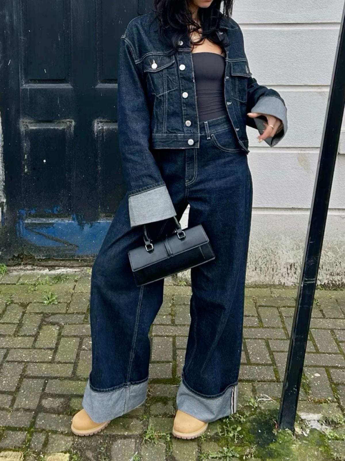 Denim Twee-Delen Ensemble met Lange Mouwen en Kraag