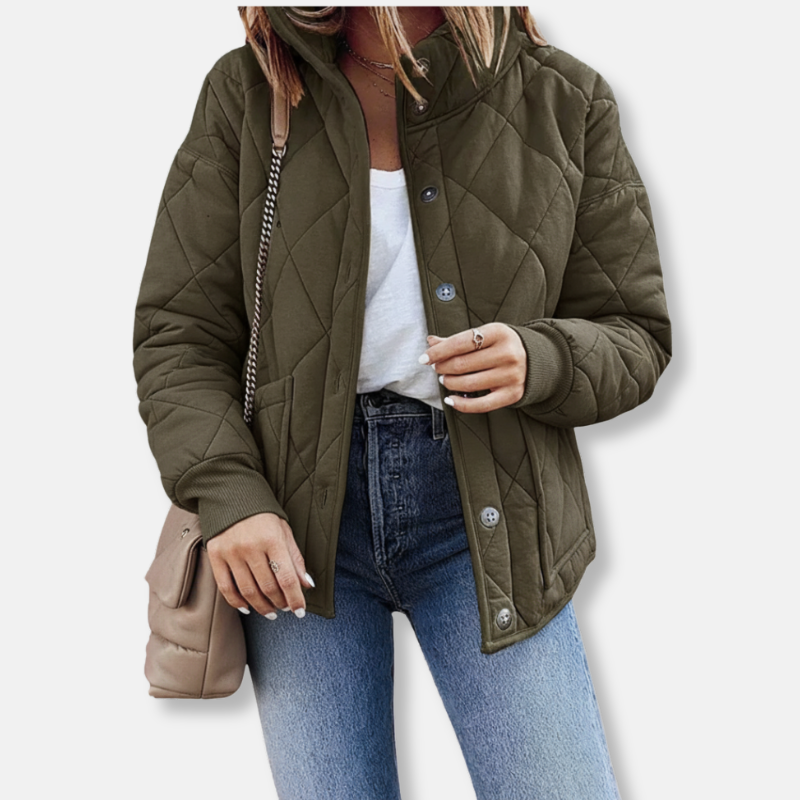 Women's Quilted Jacket – Relaxed Fit – Diamond Stitching – Stand-up Collar – Buttons