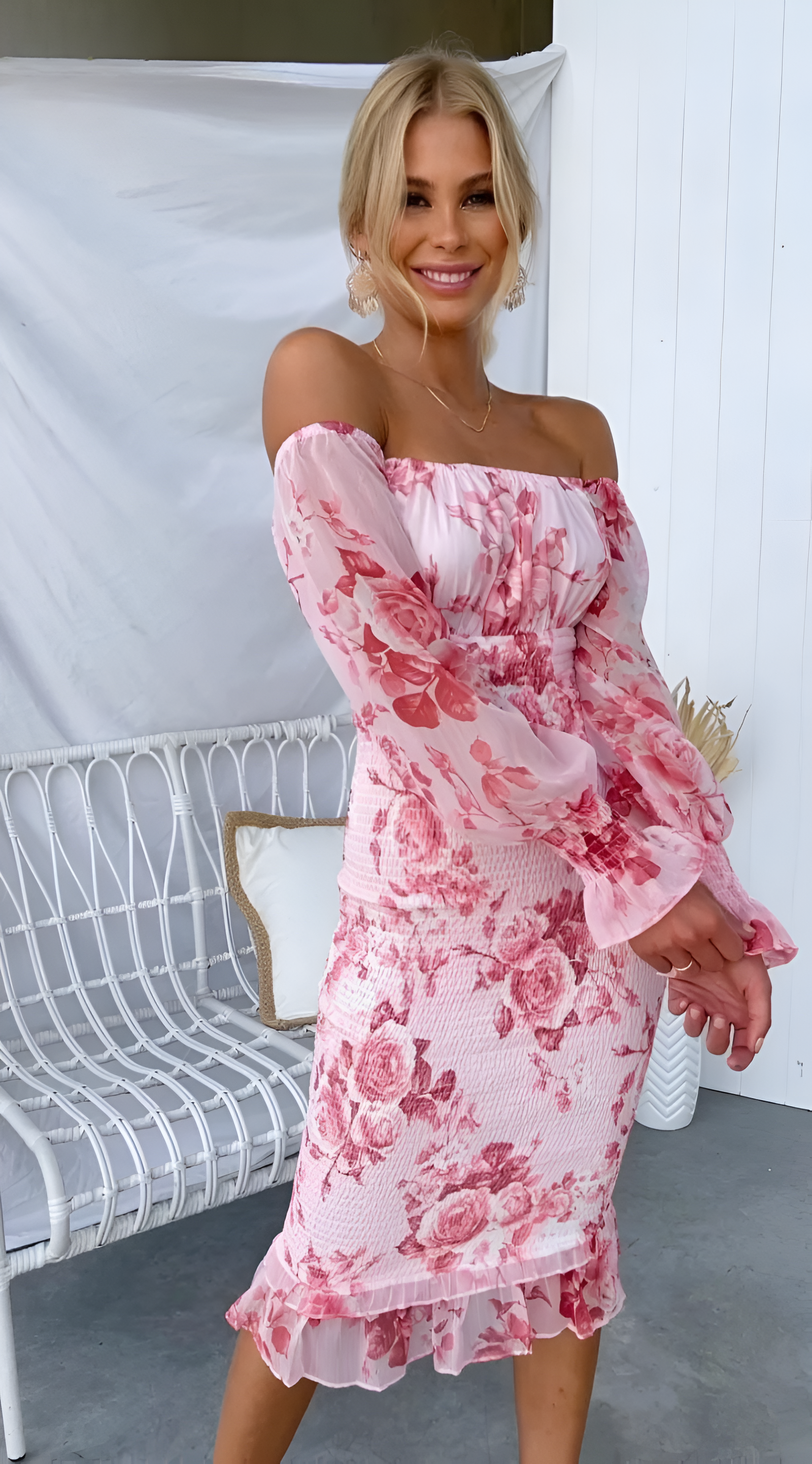 Midi-jurk met Blote Schouders en Smock Taille voor Dames