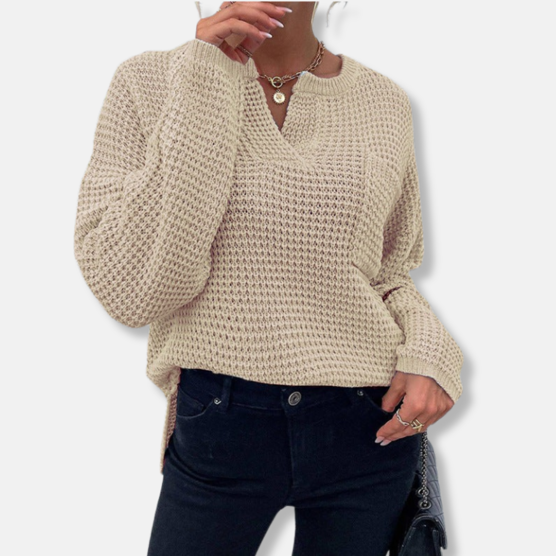 Ladies Sweater – Relaxed Fit – Waffle Texture – V-Neck – Long Sleeves – Cotton Blend