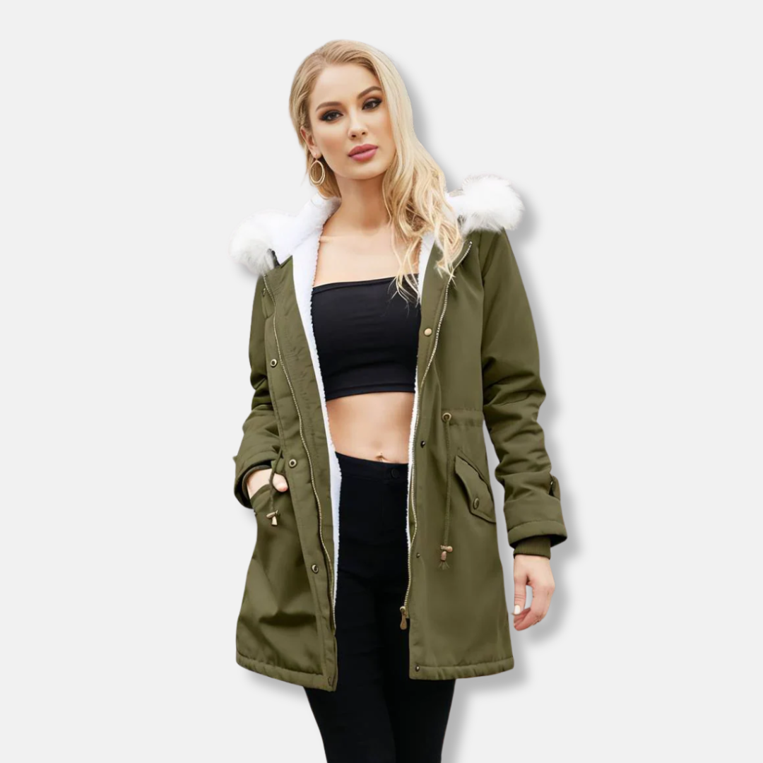 Ladies parka coat – Relaxed fit – Adjustable waist – Detachable faux-fur collar – Lined – Mid-length