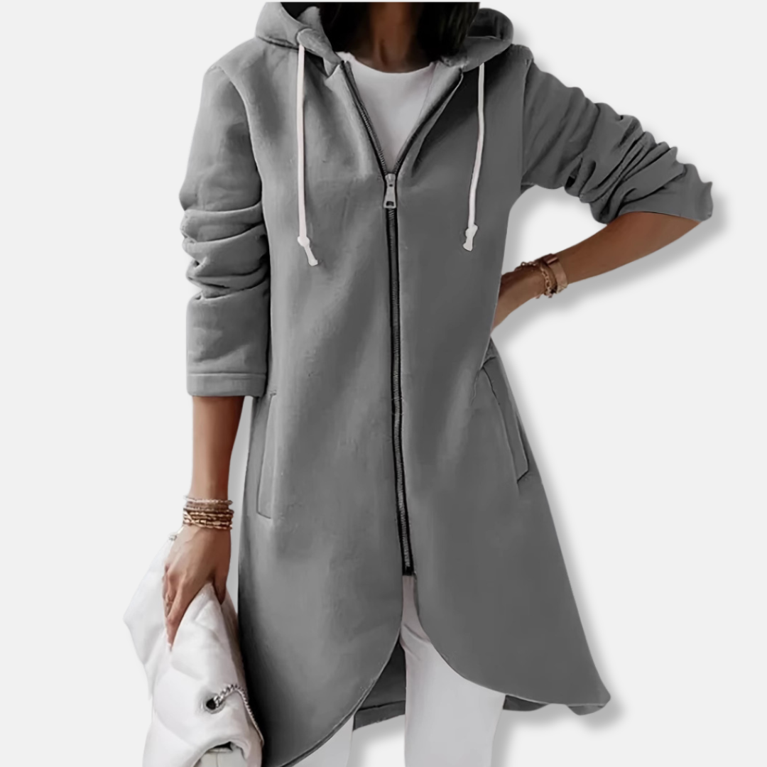 Women's Long Hoodie – Fleece Material – Relaxed Fit – Asymmetrical Hem – Zip Front Closure