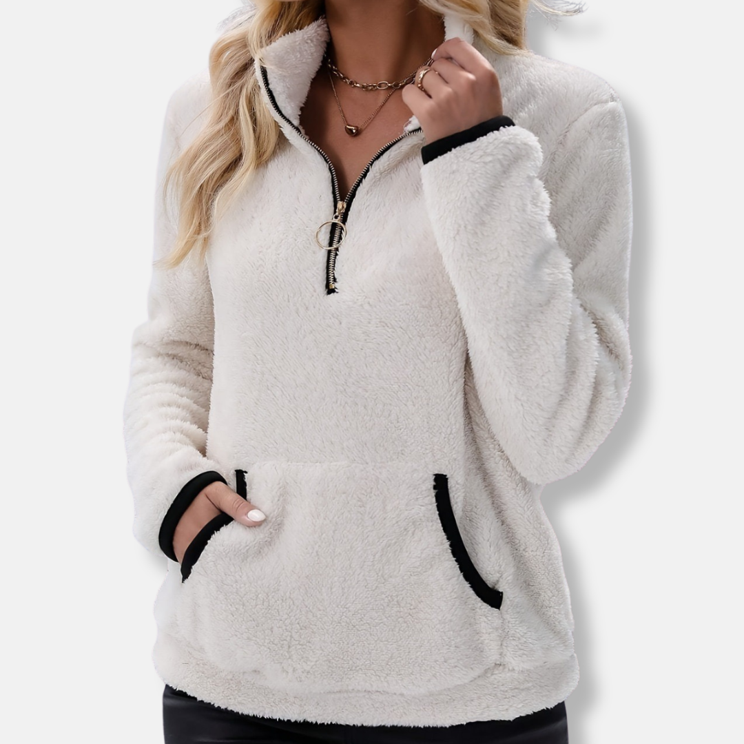 Women's Sweatshirt – Fleece Fabric – Relaxed Fit – Half Zip – With Kangaroo Pocket