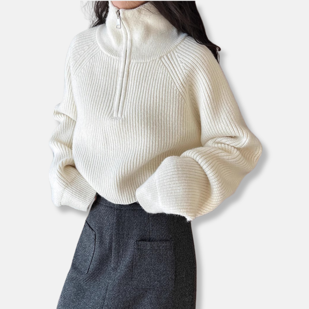 Ladies Pullover Sweater - Ribbed Knit - Cropped - Roll Neck - Long Sleeves