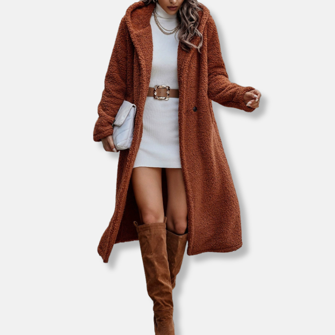 Women's Long Coat – Relaxed Fit – Soft Texture – Hood – Notched Collar – 2-Button Closure