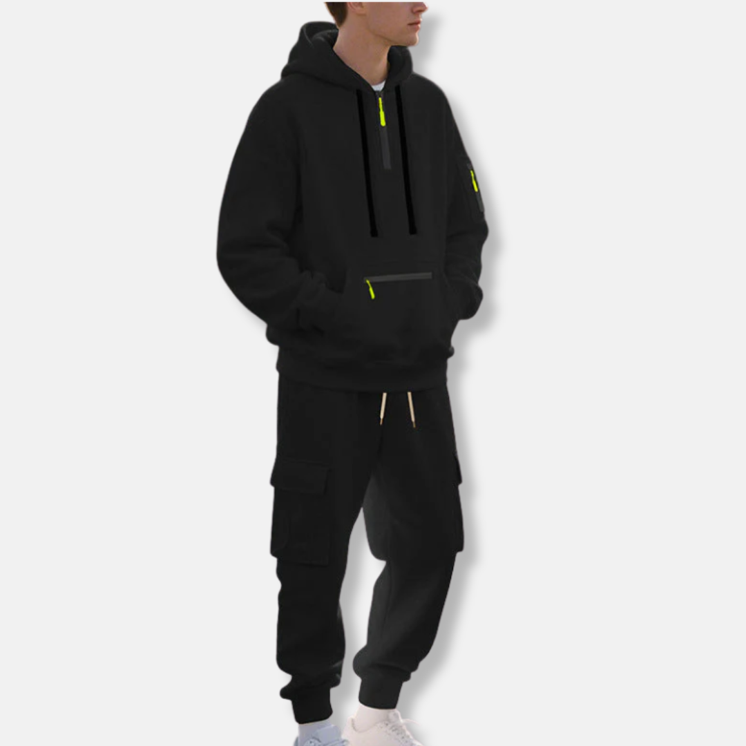 Men's Tracksuit – Relaxed Fit Hoodie with Half-Zip – Cargo Jogging Pants with Pockets