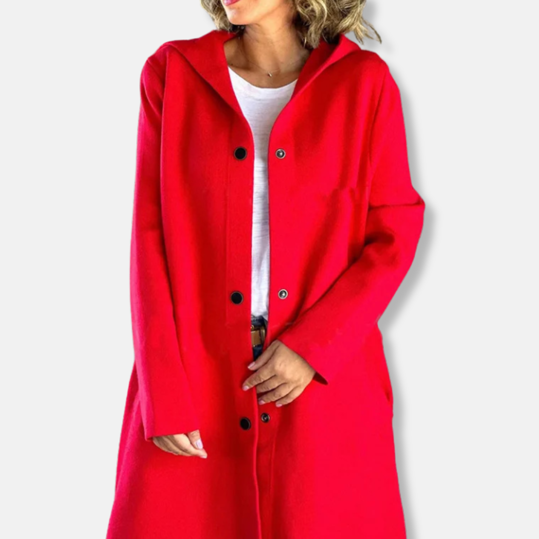 Women's Long Coat with Hood – Wool Blend – Relaxed Fit – Snap Button Closure – Mid-Length