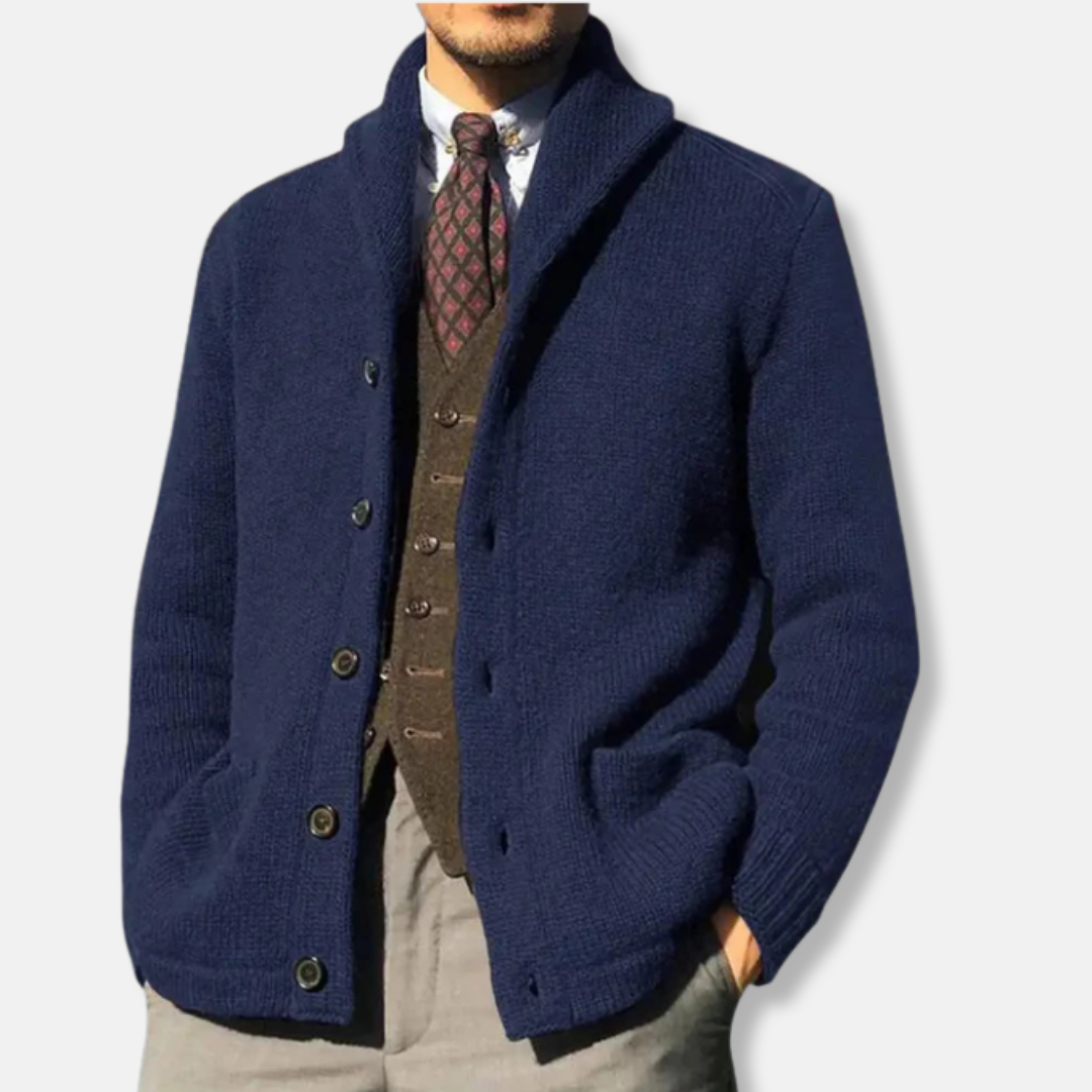 Men's Cardigan – Regular Fit – Knitted – Shawl Collar – Buttons – Ribbed Cuffs – Side Pockets