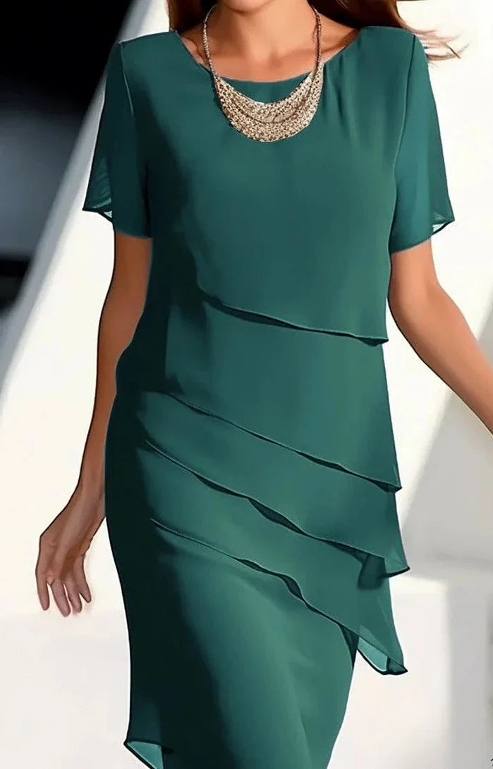 Elegante Korte Mouwen Midi Jurk met Ronde Hals