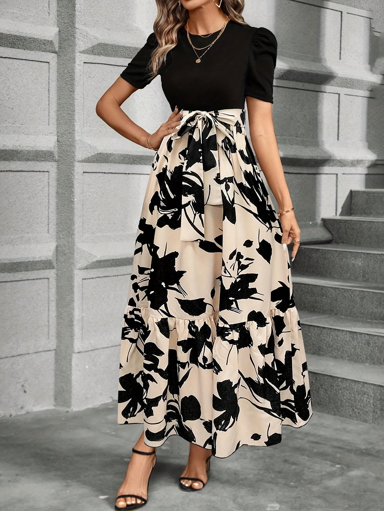 Bloemenprint Maxi-jurk met Hoge Taille en Ruches voor Dames