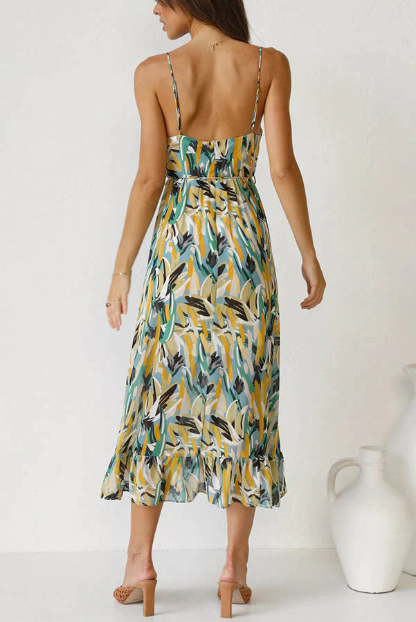 Dames Midi Jurk – Luchtig Chiffon – Losvallend Model – V-Hals met Print