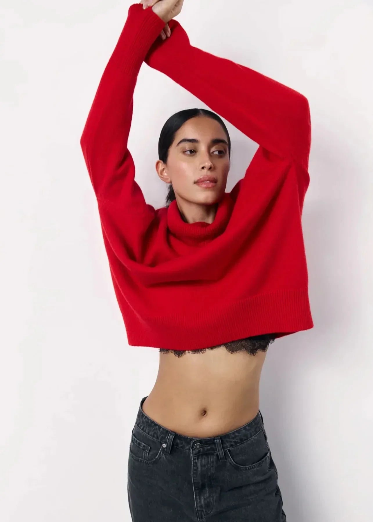 Gebreide top voor dames - Oversized pasvorm - Coltrui - Wol - Geribbelde zoom - Cropped
