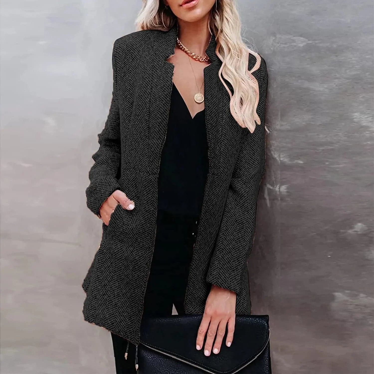 Dames Blazer – Getailleerde Pasvorm – Textuurstof – Open Voorzijde – Zakdetails