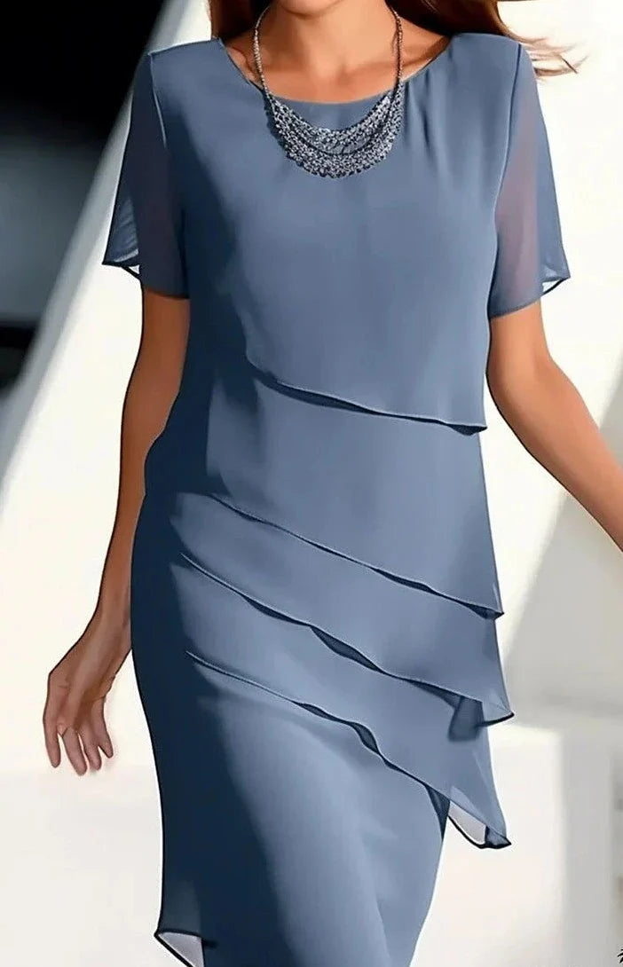 Elegante Korte Mouwen Midi Jurk met Ronde Hals