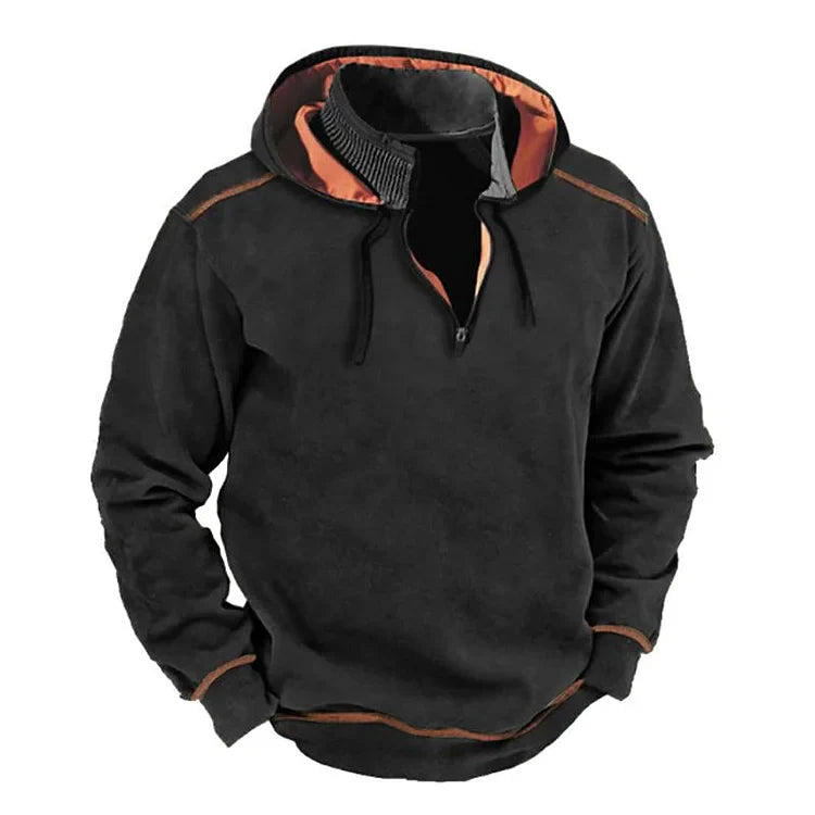 Heren Hooded Sweatshirt – Relaxte Pasvorm – Halve Ritssluiting – Ribkraag – Contrasterende Details