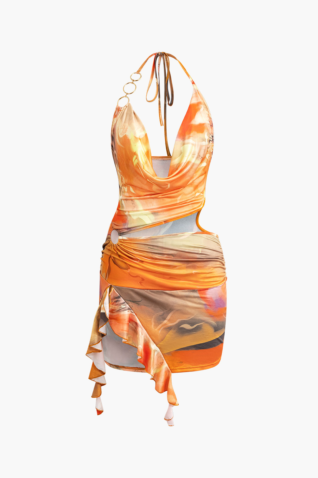 Abstracte Halter Jurk met Vervormde Hals en Split