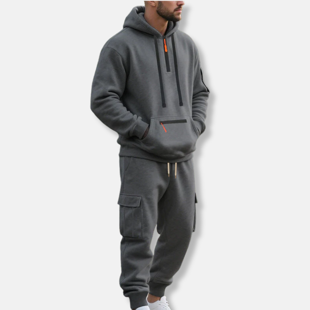 Men's Tracksuit – Relaxed Fit Hoodie with Half-Zip – Cargo Jogging Pants with Pockets