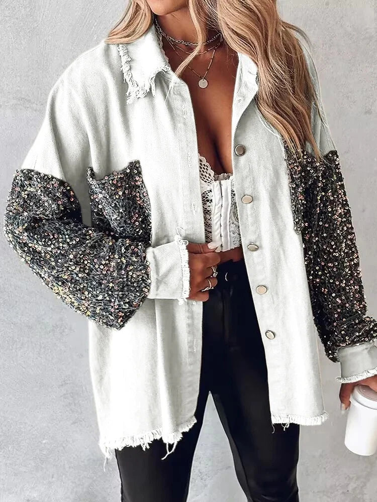 Stijlvolle Denim Jas met Contrasterende Pailletten Versiering