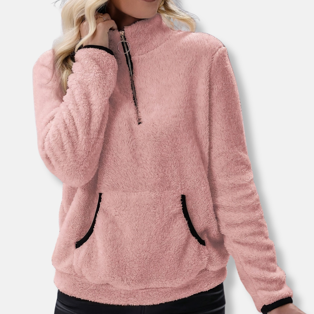 Women's Sweatshirt – Fleece Fabric – Relaxed Fit – Half Zip – With Kangaroo Pocket