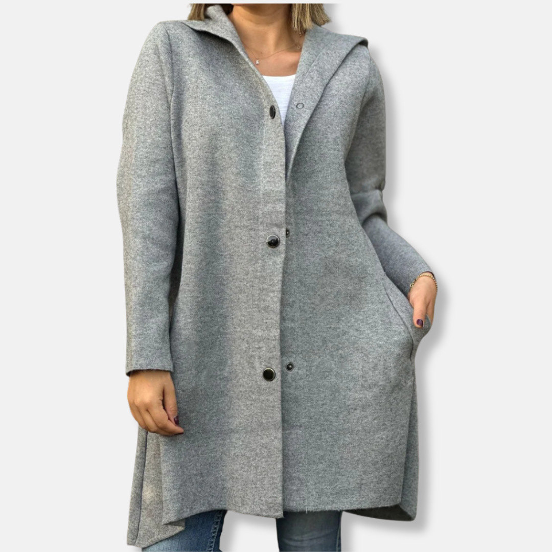 Women's Long Coat with Hood – Wool Blend – Relaxed Fit – Snap Button Closure – Mid-Length