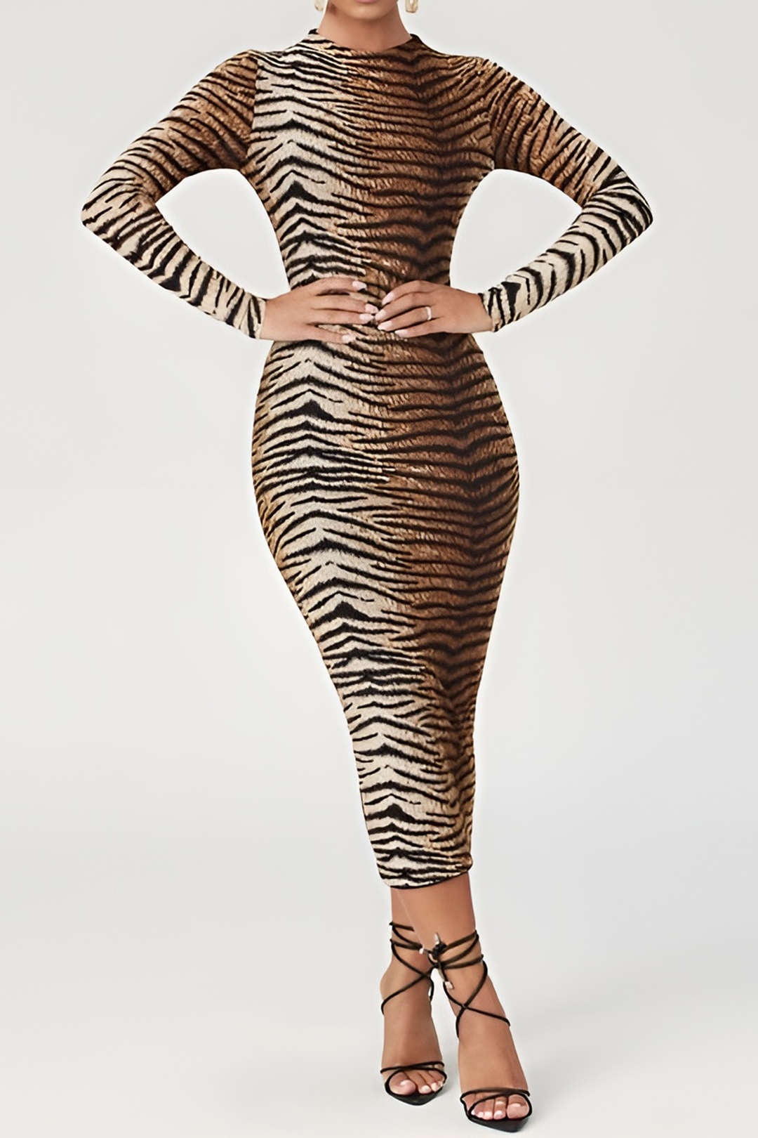 Leopard Print Lange Mouw Midi Jurk