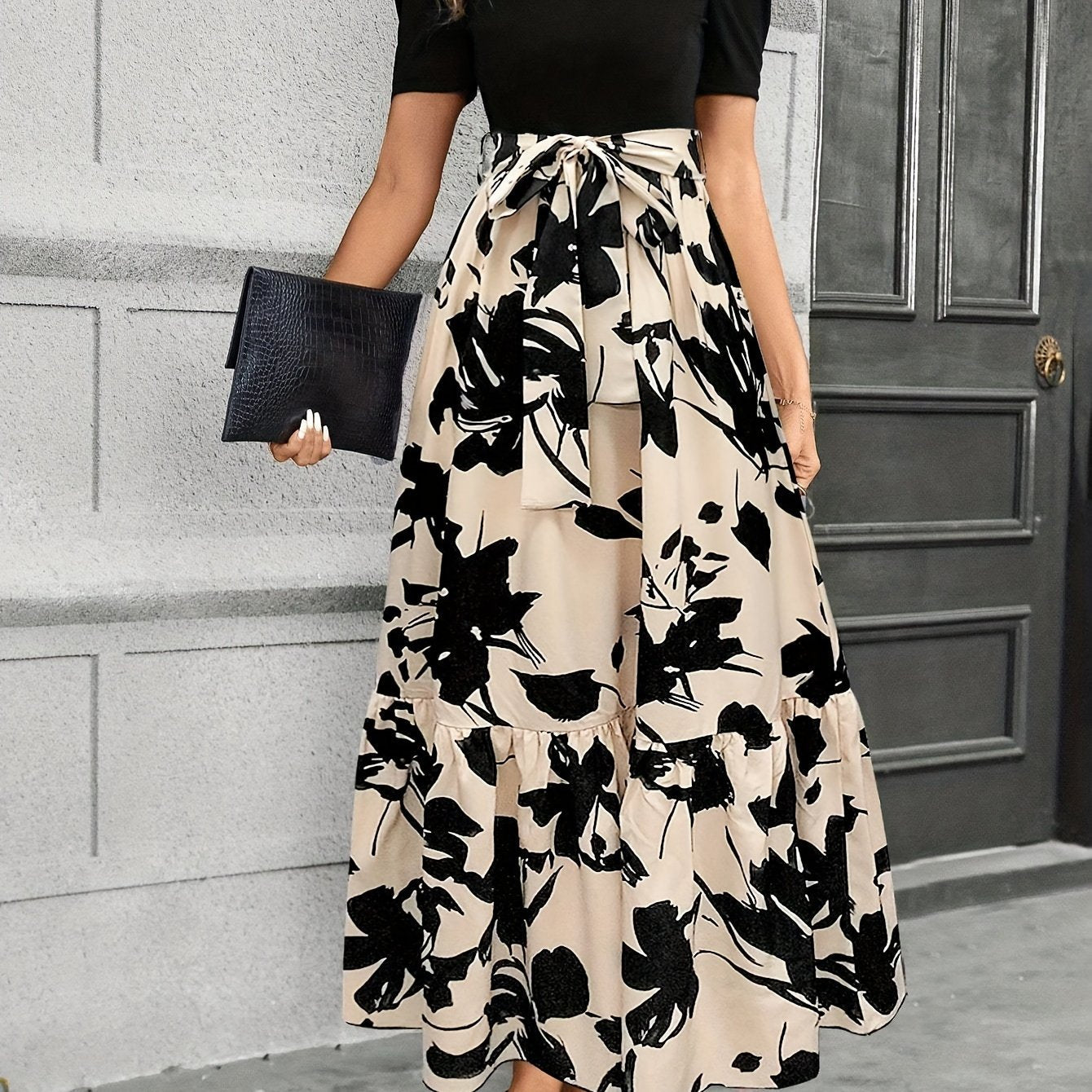 Bloemenprint Maxi-jurk met Hoge Taille en Ruches voor Dames