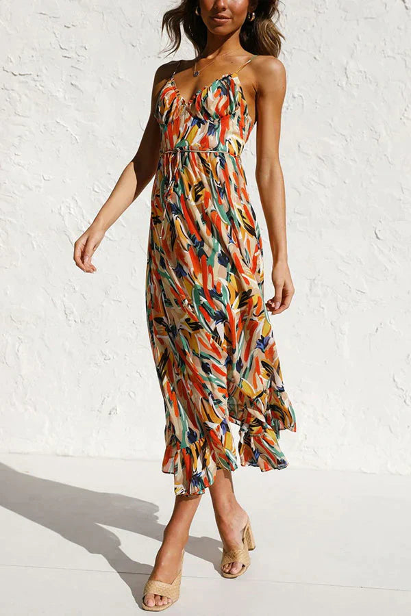 Dames Midi Jurk – Luchtig Chiffon – Losvallend Model – V-Hals met Print