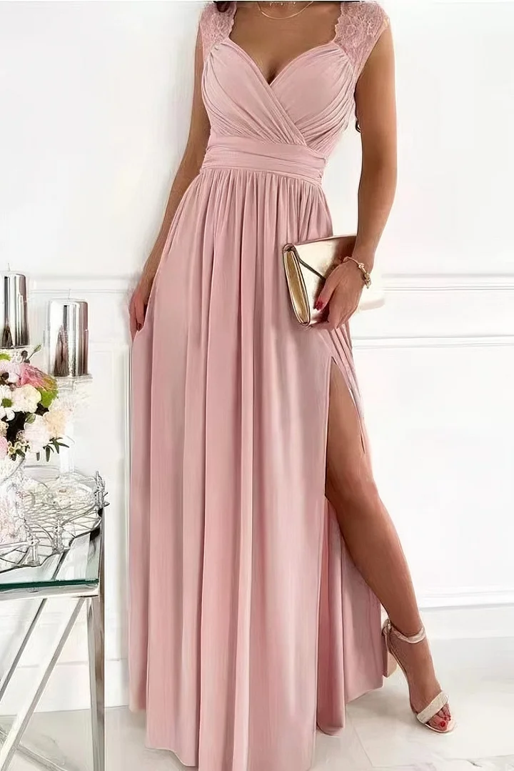 Stijlvolle Mouwloze Kanten Maxi Jurk met Splitdetail