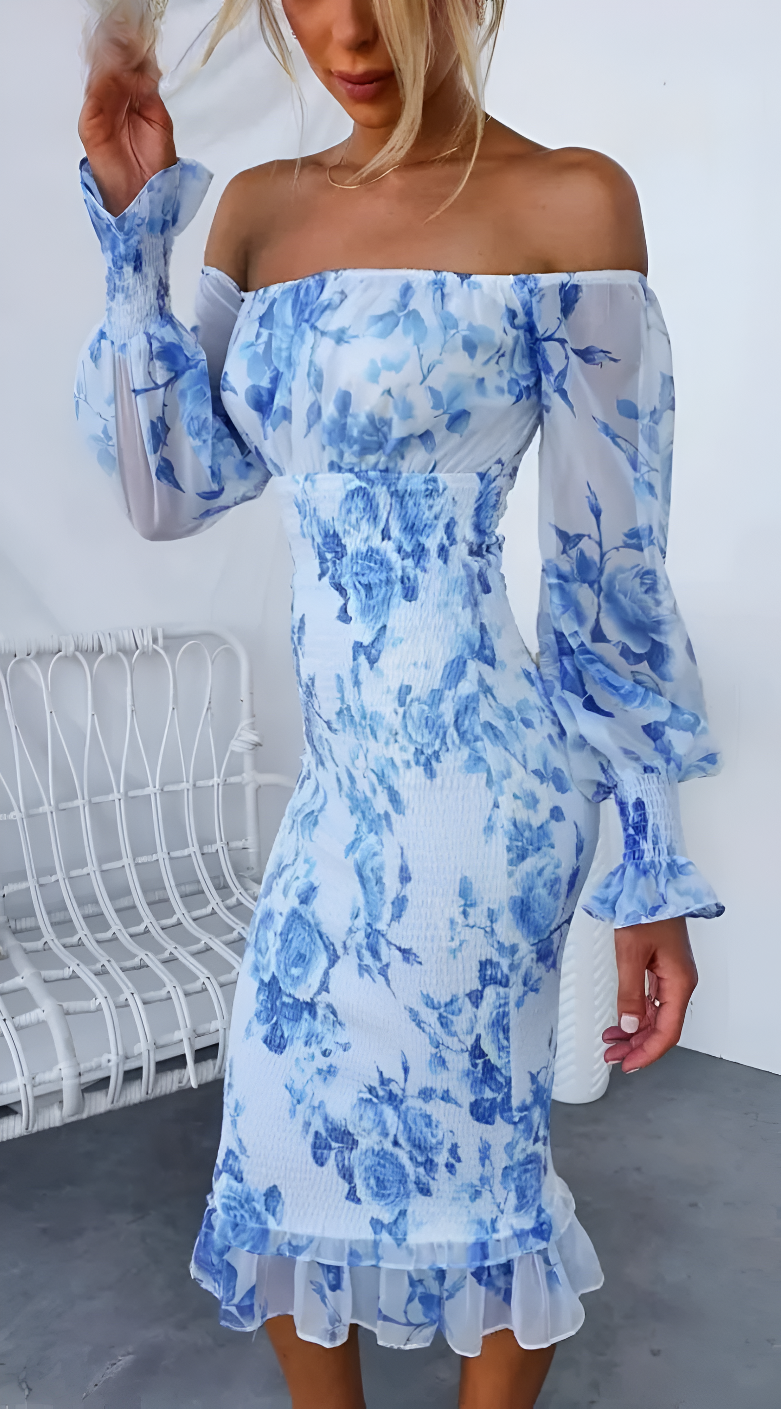 Midi-jurk met Blote Schouders en Smock Taille voor Dames