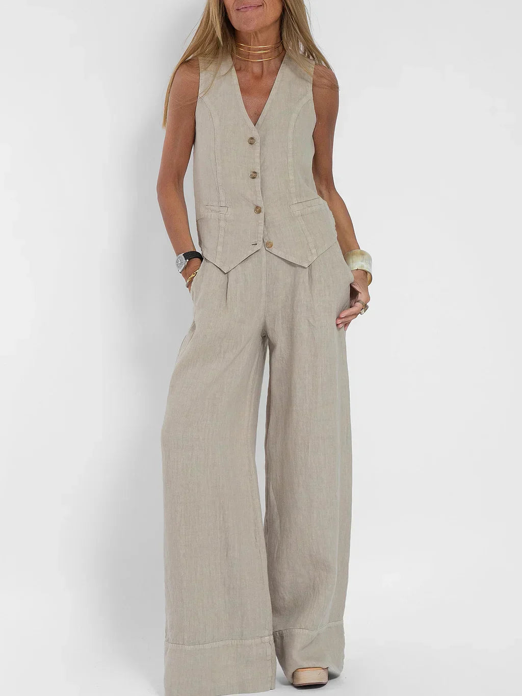 Elegante Linnen Set voor Dames – Gilet en Pantalon