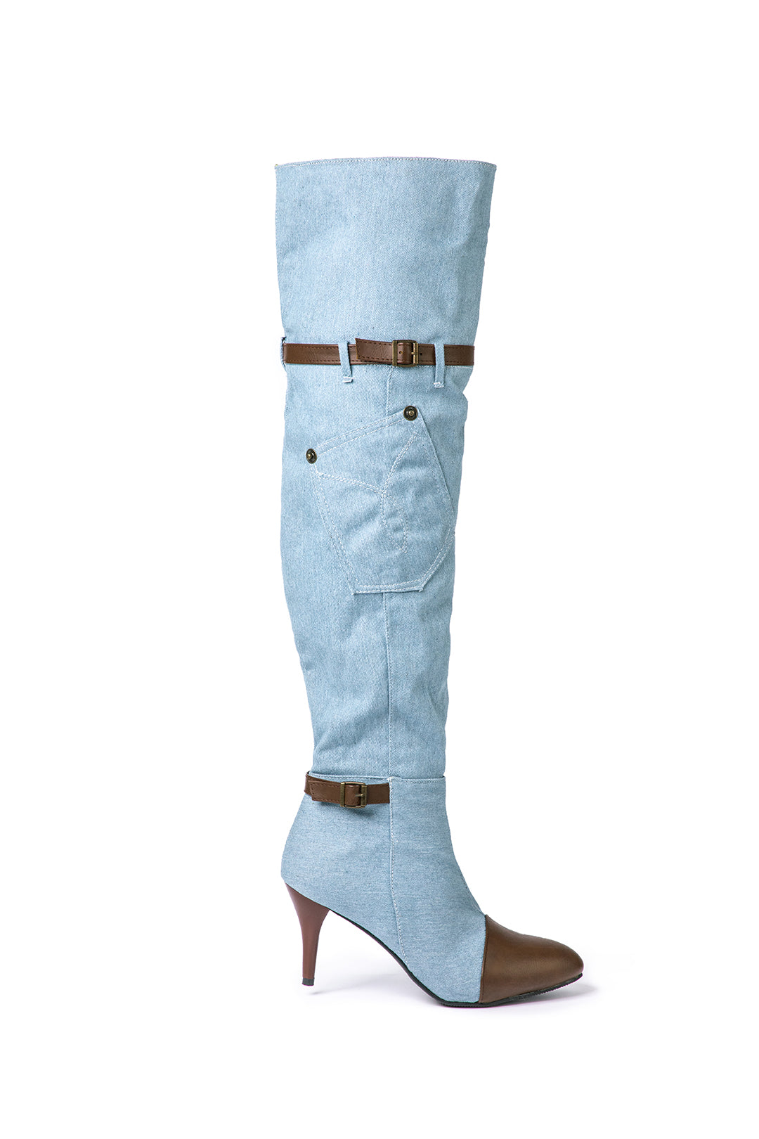 Denim Patchwork Hoge Hak Over De Knie Laarzen