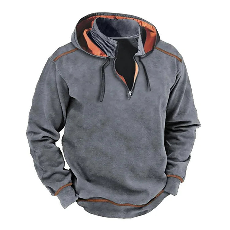 Heren Hooded Sweatshirt – Relaxte Pasvorm – Halve Ritssluiting – Ribkraag – Contrasterende Details
