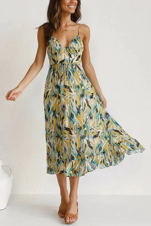 Dames Midi Jurk – Luchtig Chiffon – Losvallend Model – V-Hals met Print