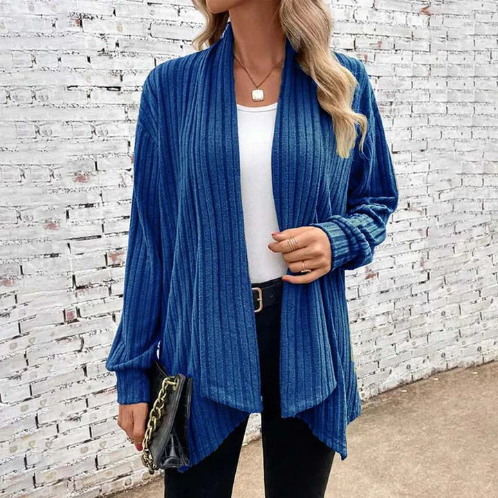 Dames Vest – Relaxte Pasvorm– Zacht Breisel – Open Voorkant – Geribbelde Textuur – Lange Mouwen