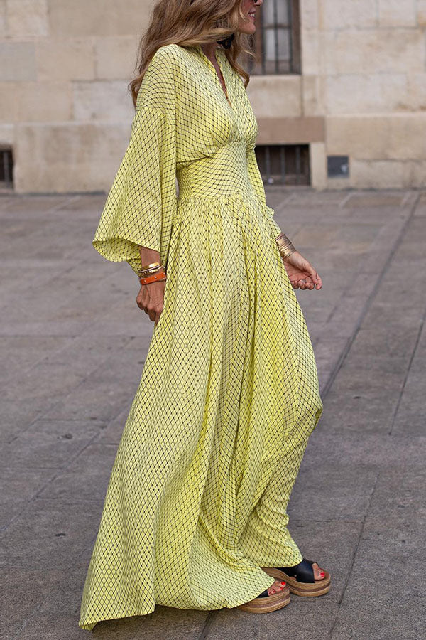 Chique Dames Wikkel Maxi Jurk – Flare Mouwen, Geruit Patroon