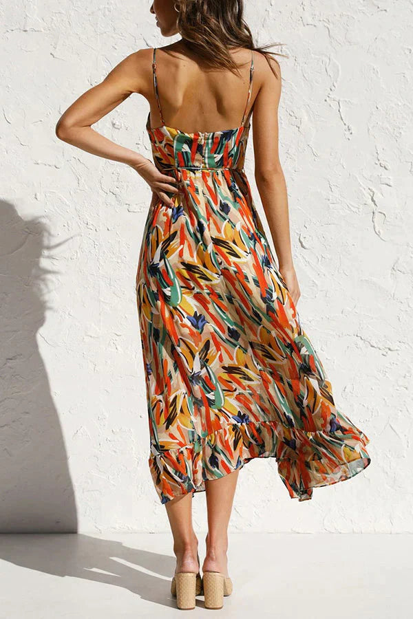 Dames Midi Jurk – Luchtig Chiffon – Losvallend Model – V-Hals met Print