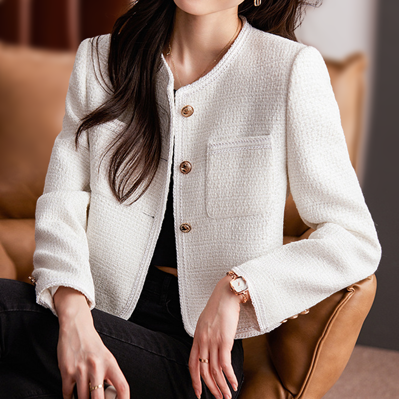 Dames Blazer – Cropped Model – Getailleerde Pasvorm – Tweedstructuur – Gouden Knopen