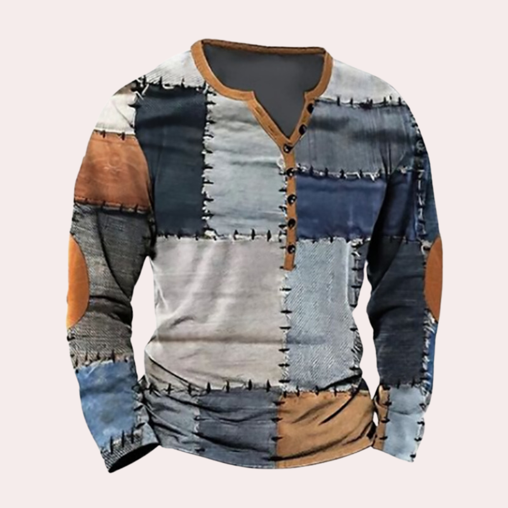 Heren Trui – Reguliere Pasvorm – Katoenmix – Patchwork – Knoopsluiting – Casualstijl