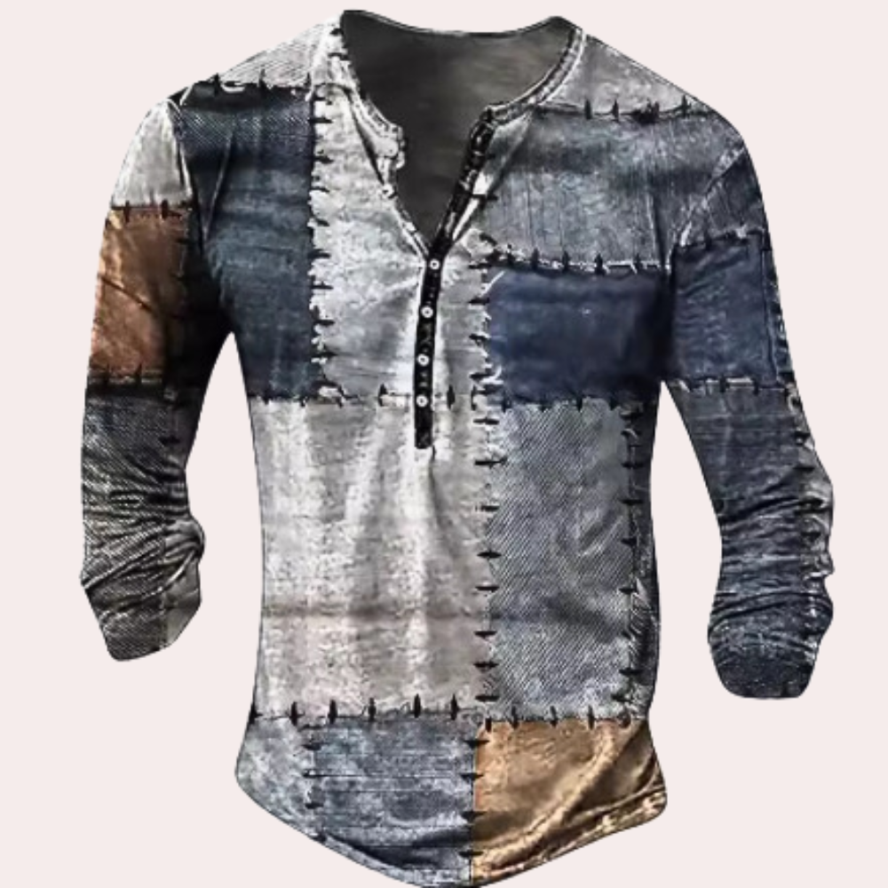 Heren Trui – Reguliere Pasvorm – Katoenmix – Patchwork – Knoopsluiting – Casualstijl