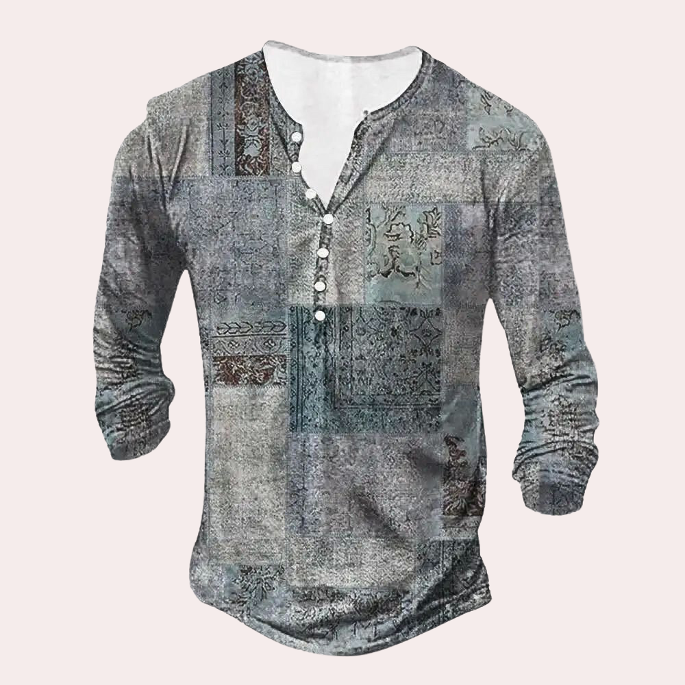 Heren Trui – Reguliere Pasvorm – Katoenmix – Patchwork – Knoopsluiting – Casualstijl