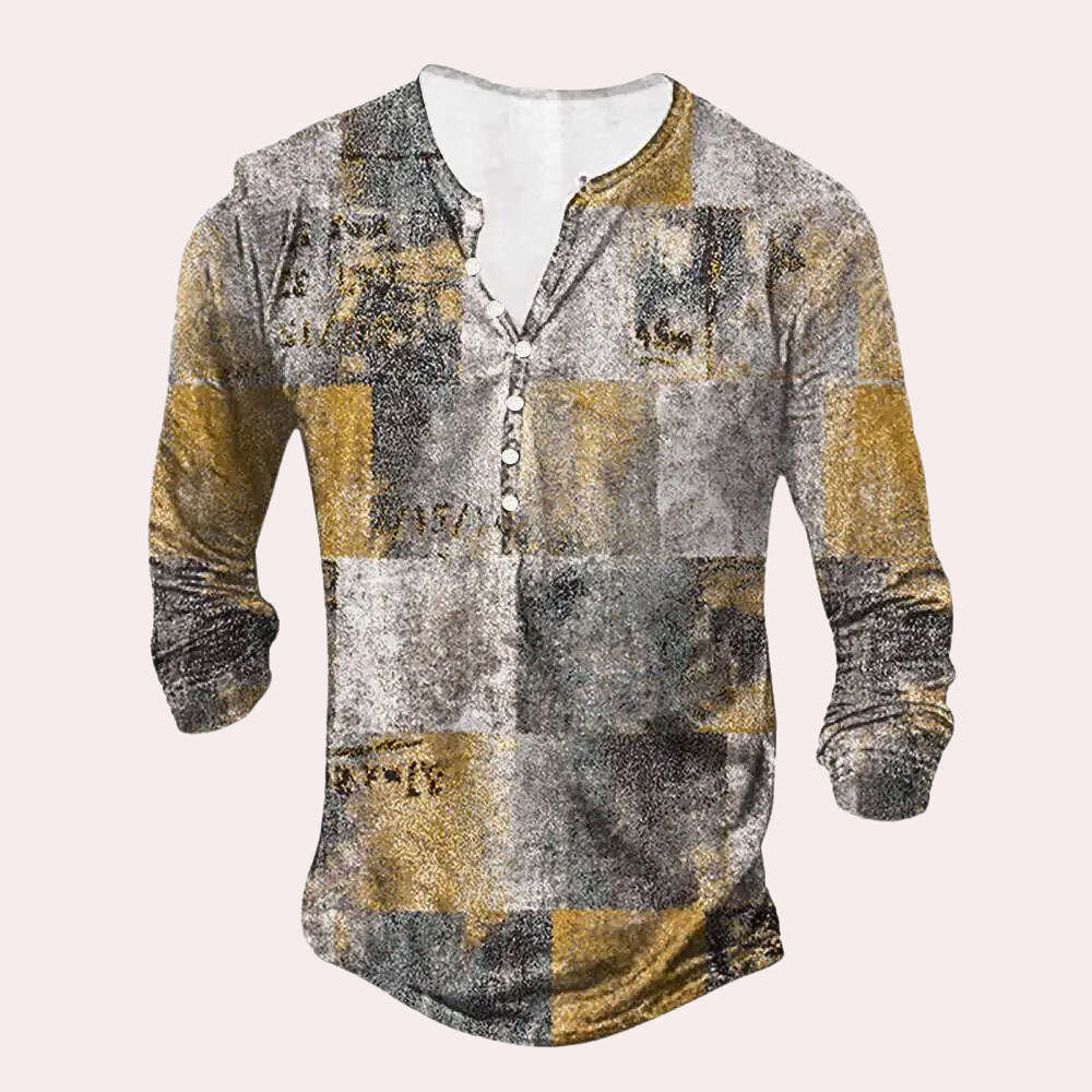 Heren Trui – Reguliere Pasvorm – Katoenmix – Patchwork – Knoopsluiting – Casualstijl